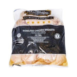 Premium frozen boneless skinless chicken breast by Mountaire Farms. Fully trimmed 10 lb bag – ideal for restaurants and wholesale supply.