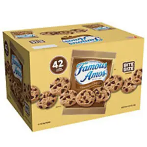 Famous Amos Club Pack 42-count. Crunchy chocolate chip cookies ideal for delis, cafeterias, vending, catering, and grab-and-go retail.